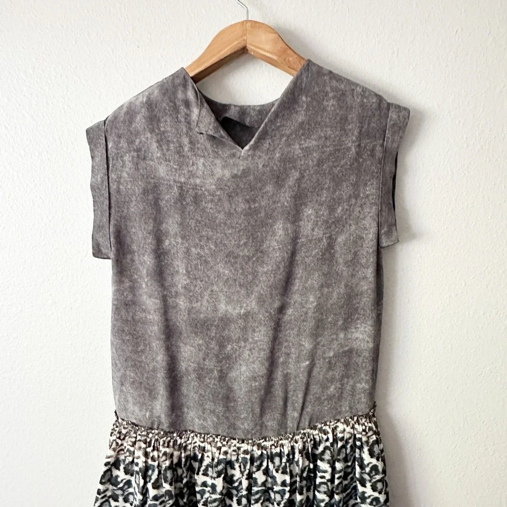 ALLSAINTS Watch the Skies‎ Gray Silk Mini Dress Leopard Hem Women's US Size 6 - Picture 9 of 12